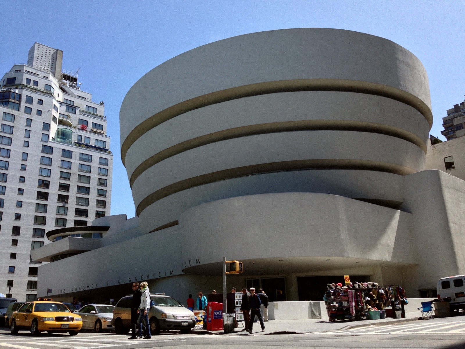 The Solomon R. Guggenheim Museum's white spiral against a clear sky, New York
