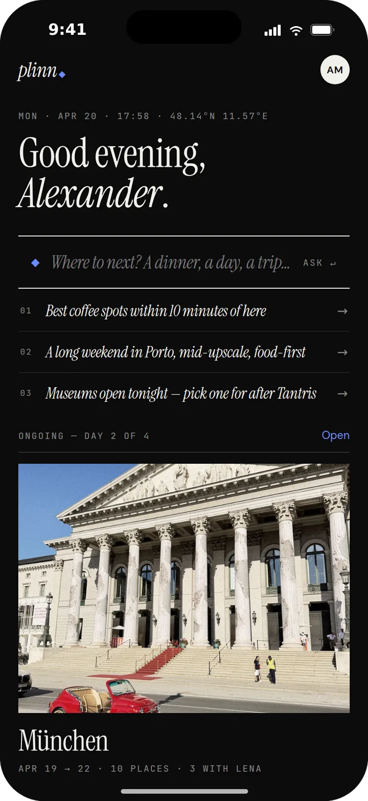 Plinn home screen in dark mode