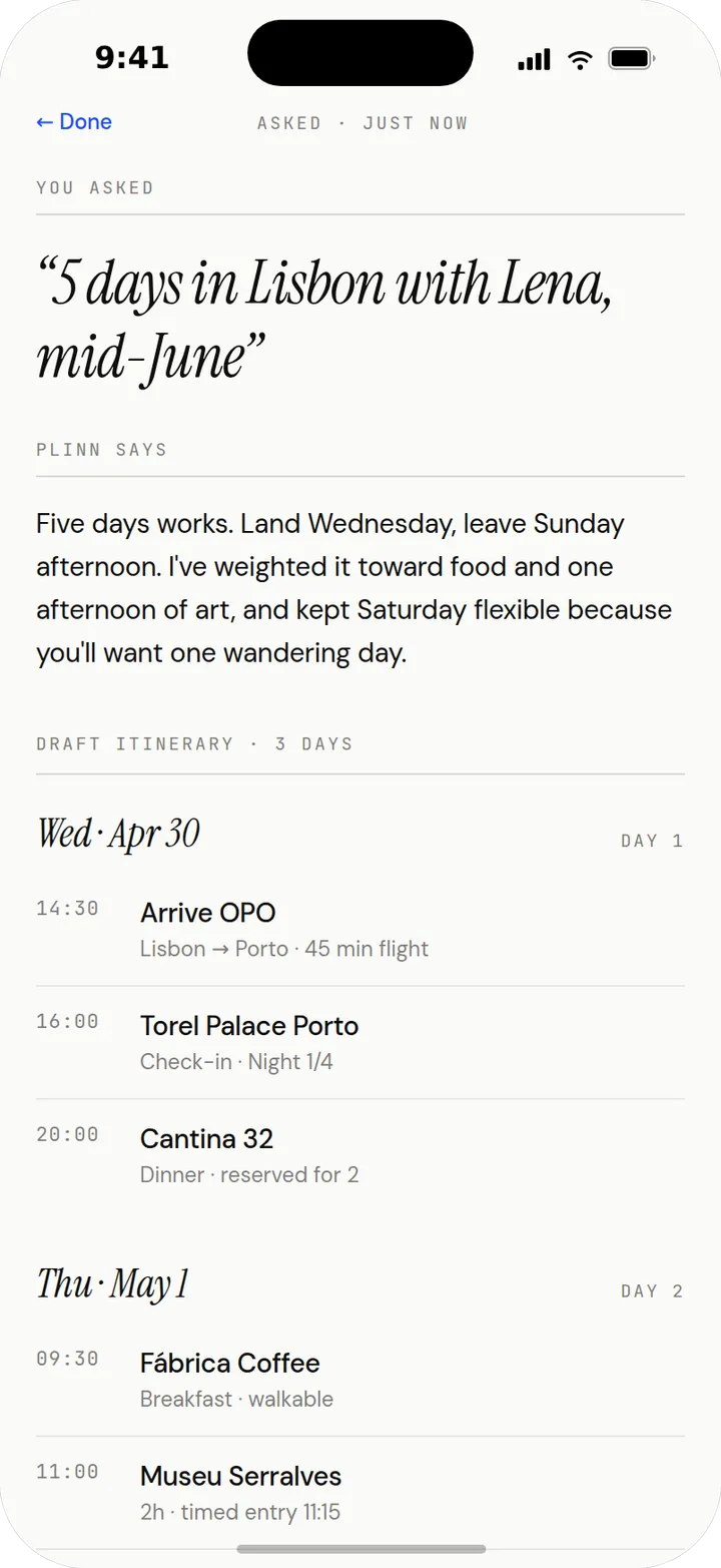 Compose result: a five-day Lisbon trip drafted from saved places, day by day