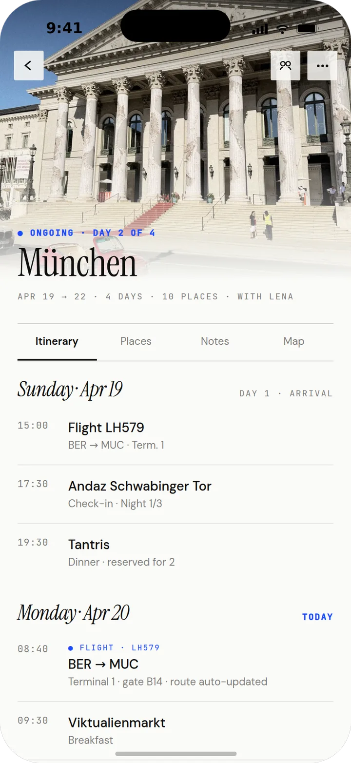 Trip timeline for München: flights, hotel check-in, and dinner reservations in day slots
