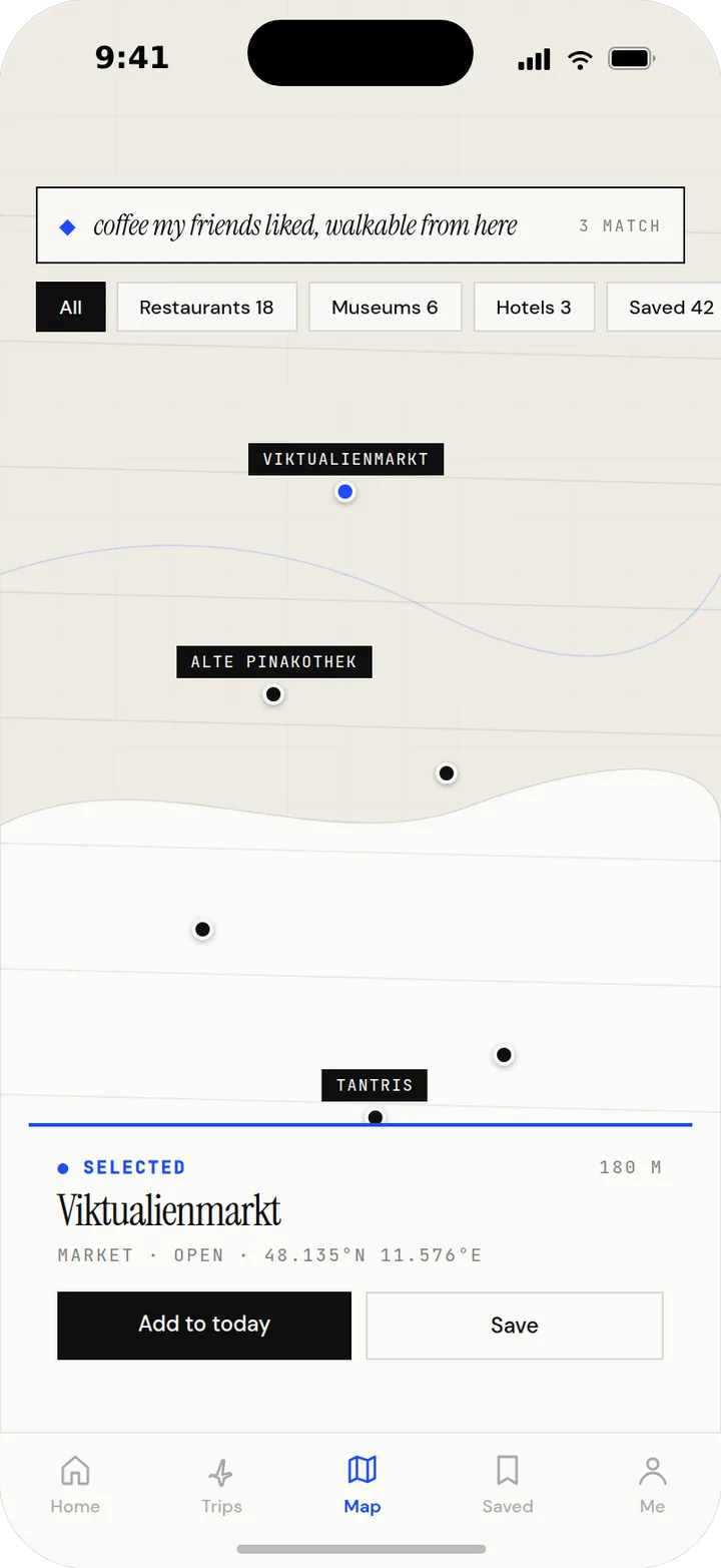 Map view filtered in natural language: coffee my friends liked, walkable from here