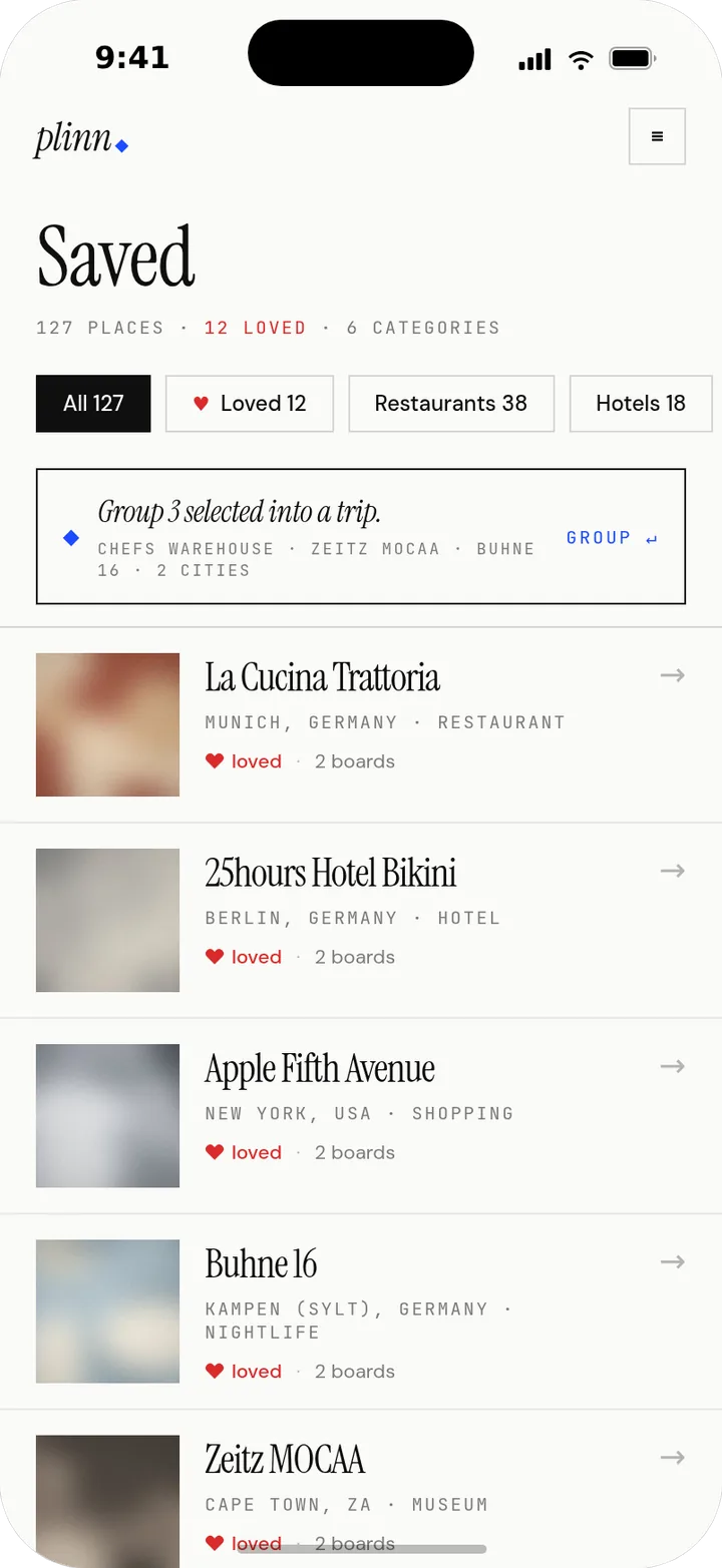 Saved list: 127 places, 12 loved, grouped into boards