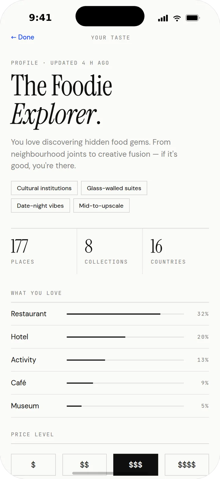 Taste screen: what Plinn has learned about your preferences